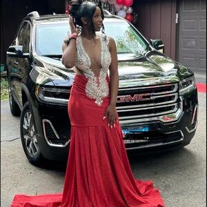 Stunning Red Evening Gown with Silver Accents